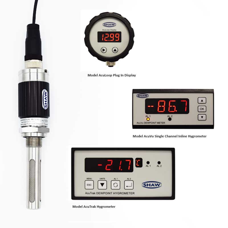 Shaw Moisture Meters AcuDew loop powered dew point transmitter and range of displays for dewpoint measurement.